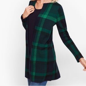 Talbots Plaid Open Cardigan Sweater Medium, Merino Wool Holiday Christmas